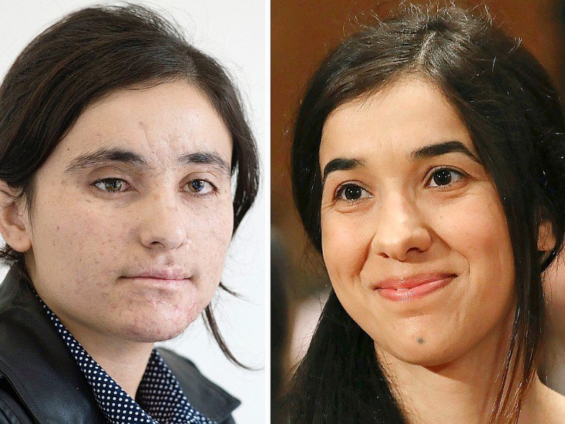 Montage de portraits de deux jeunes Yézidies, Lamia Haji et Nadia Murad, qui ont été esclaves du groupe Etat islamique et ont reçu le Prix Sakharov le 27 octobre 2016 - THOMAS KIENZLE, MARK WILSON, MARK WILSON [AFP/Archives]